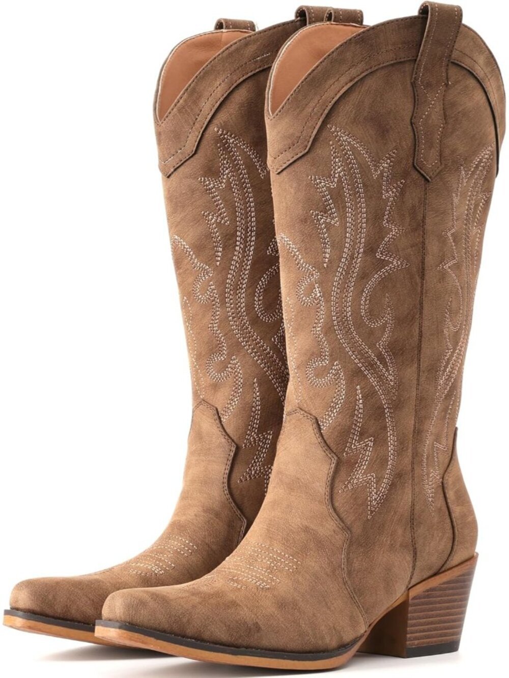 Women’s Brown Western Cowboy Boots Mid-Calf Chunky Heel Snip Toe Low Instep